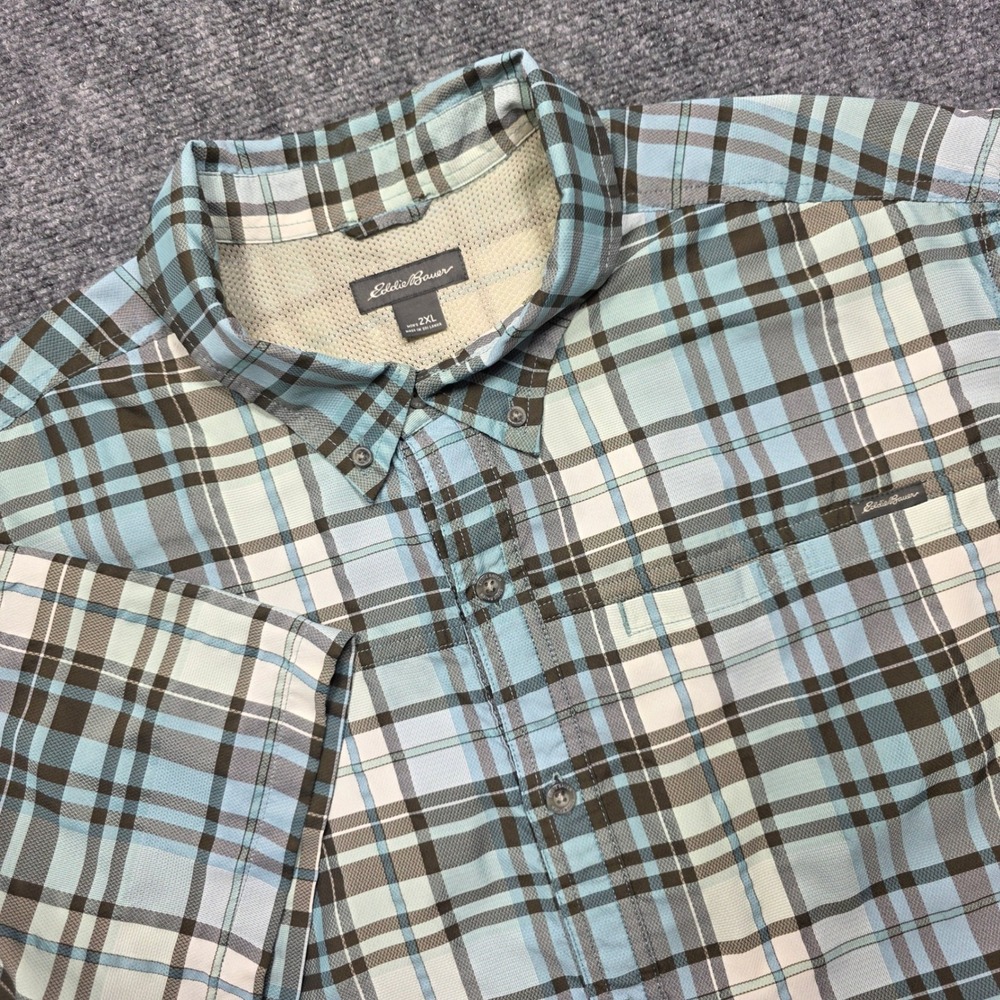 Eddie Bauer Men's 2XL Blue‎ Brown Plaid Short Sleeve Button Down Hiking Shirt